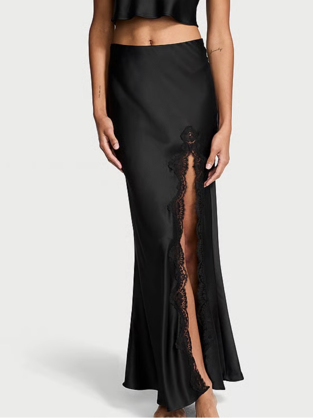 Victoria's Secret Black Satin Maxi Skirt with Lace-Trim Side Slit